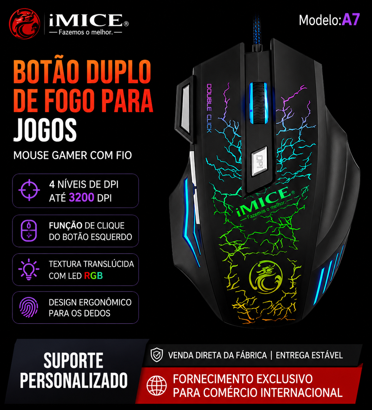 Mouse Gamer Sem Fio RGB Recarregável – Clique Silencioso 2.4G