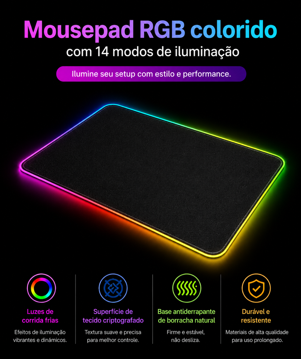 Mousepad Gamer RGB LED com Iluminação Neon para Setup