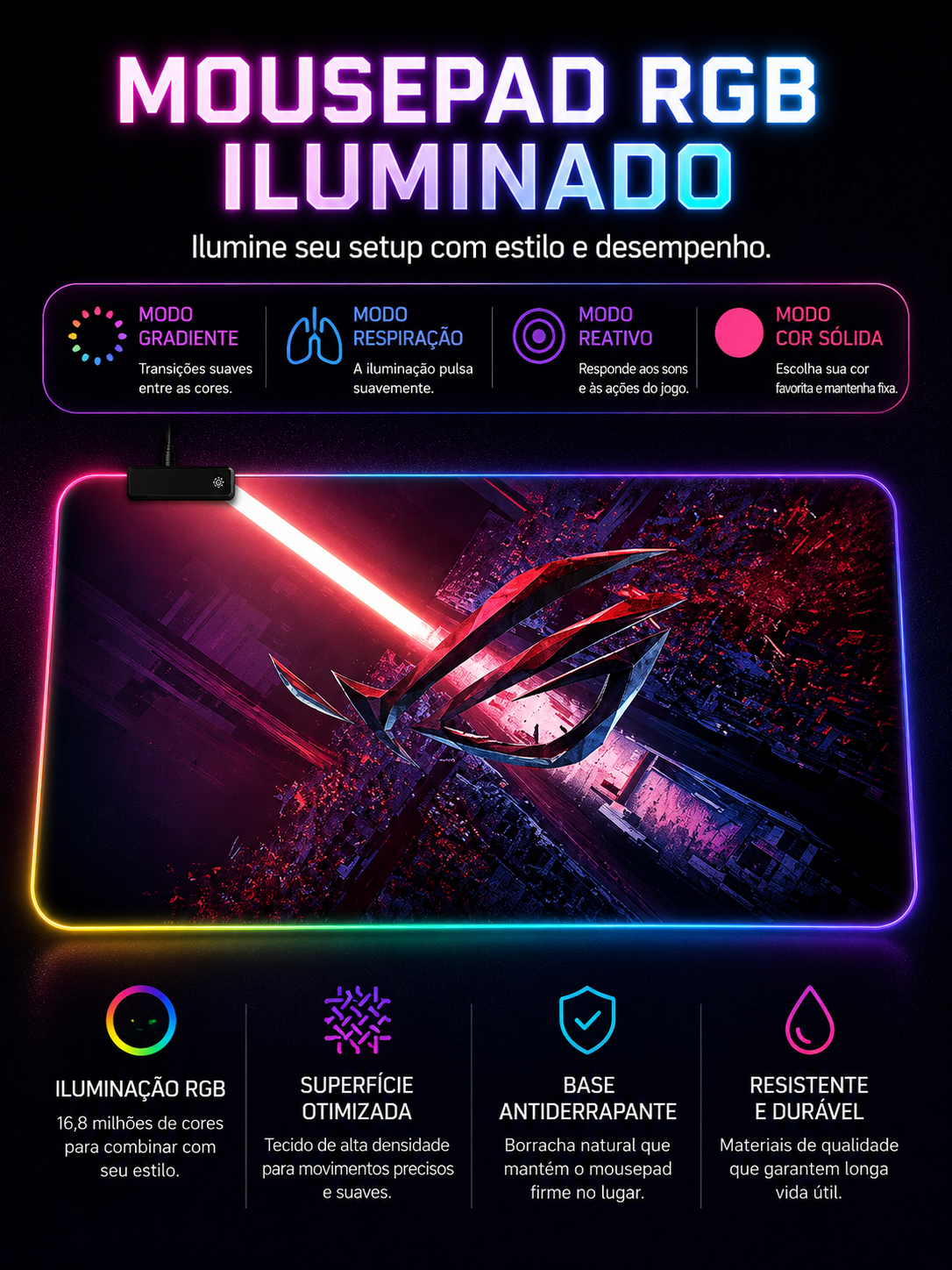 Mousepad Gamer RGB Extra Grande LED para Setup Premium