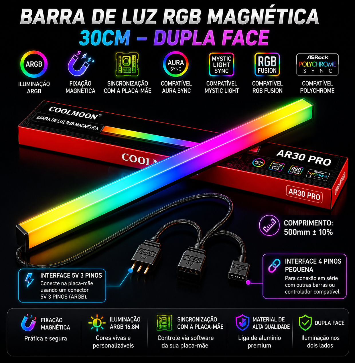 Barra de Luz RGB Magnética para Setup Gamer