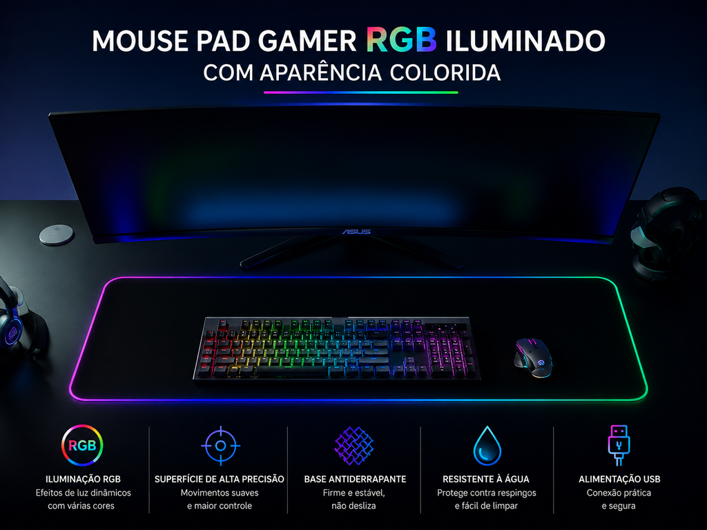 Mousepad Gamer RGB LED Grande para Setup e Escritório