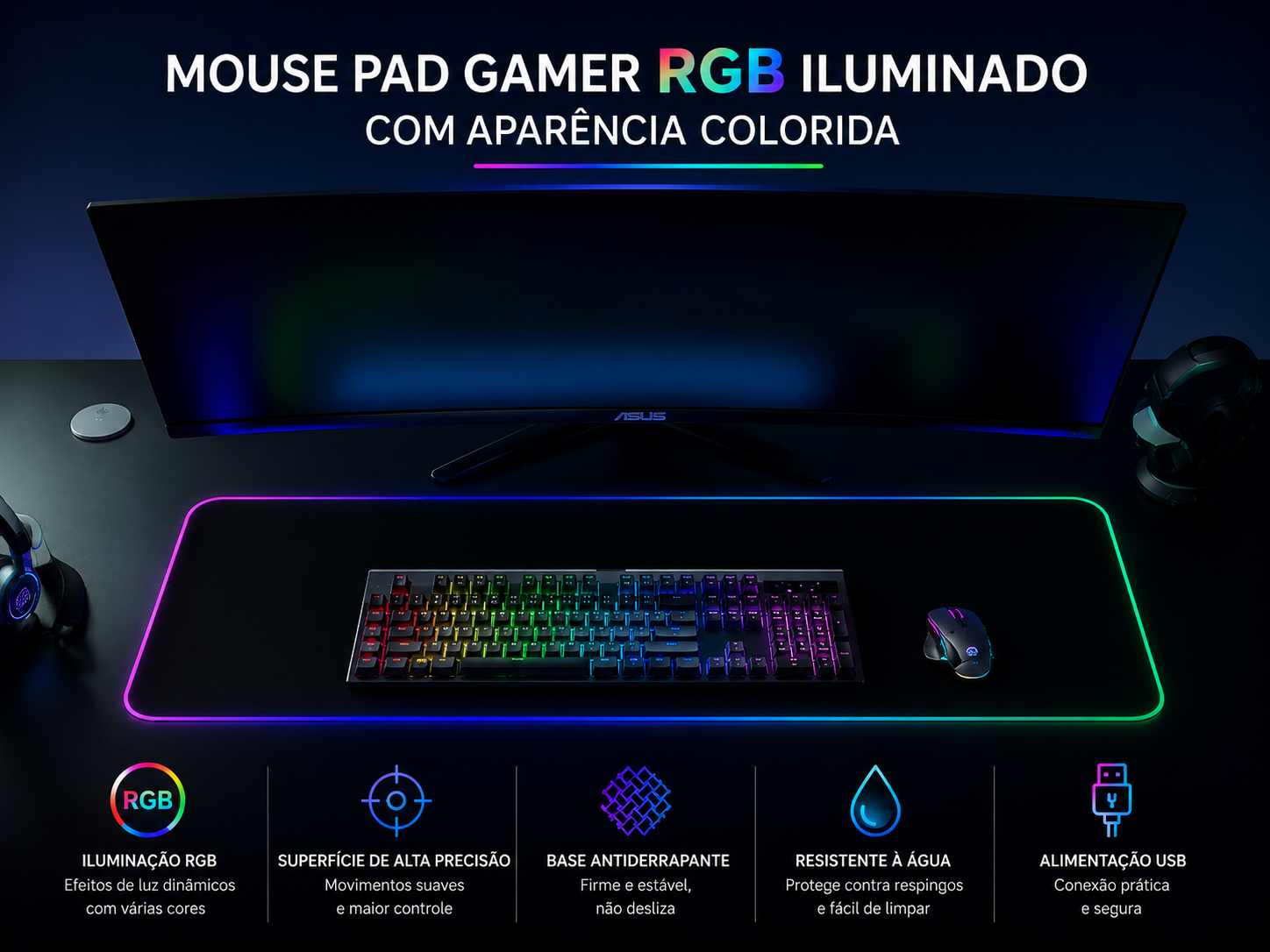 Mousepad Gamer RGB LED Grande para Setup e Escritório