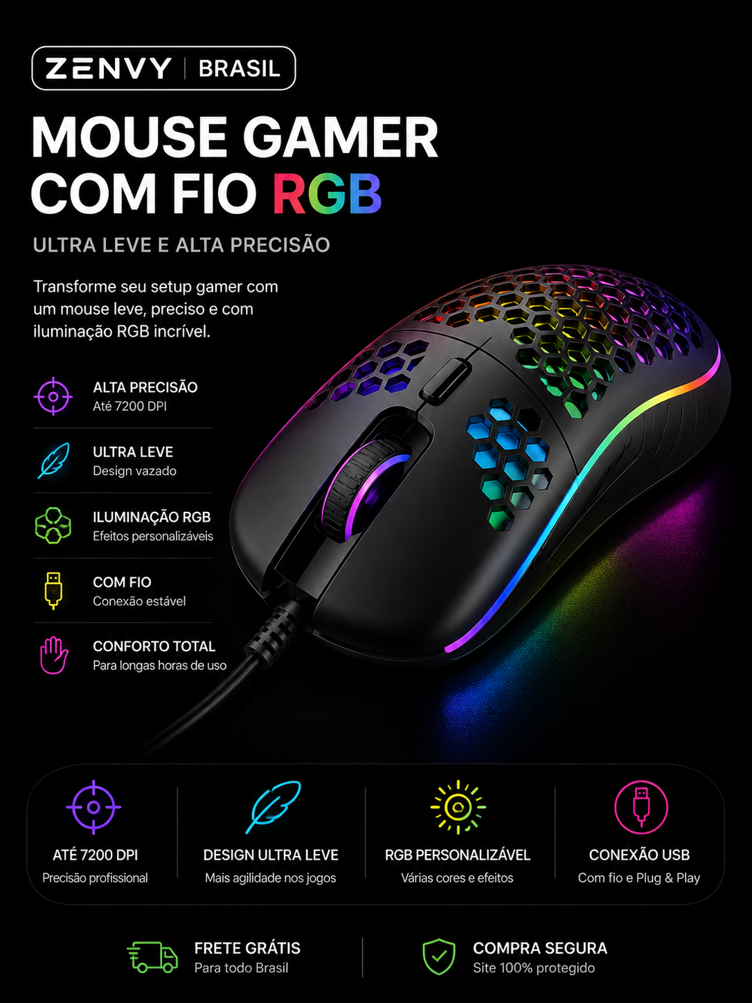 Mouse Gamer Sem Fio RGB – Ultra Leve e Alta Precisão