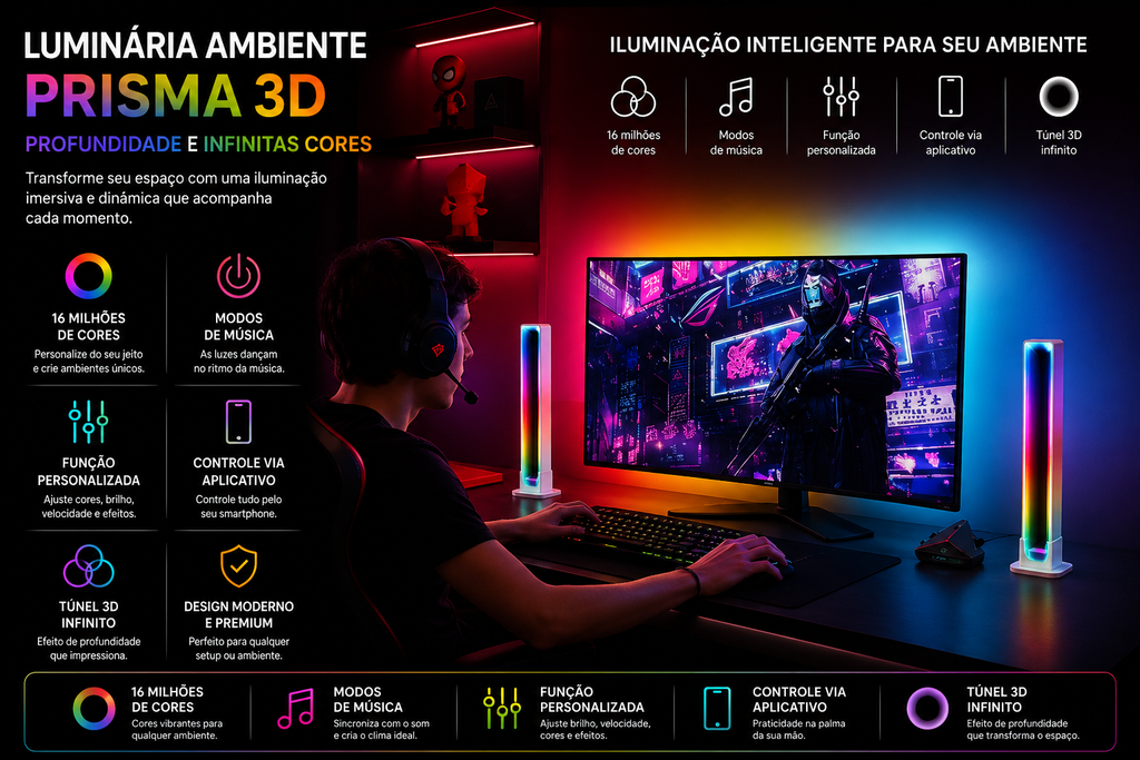Barra LED RGB Ambiente 3D para Setup Gamer