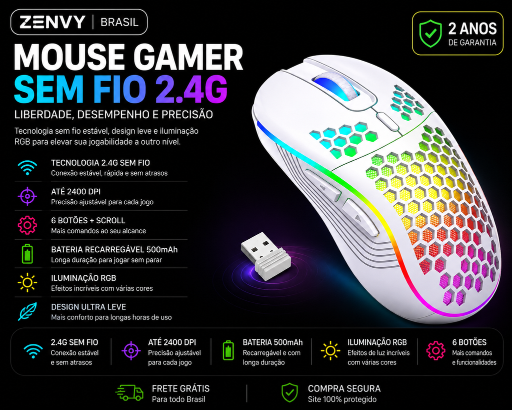 Mouse Gamer Sem Fio RGB – Ultra Leve e Alta Precisão