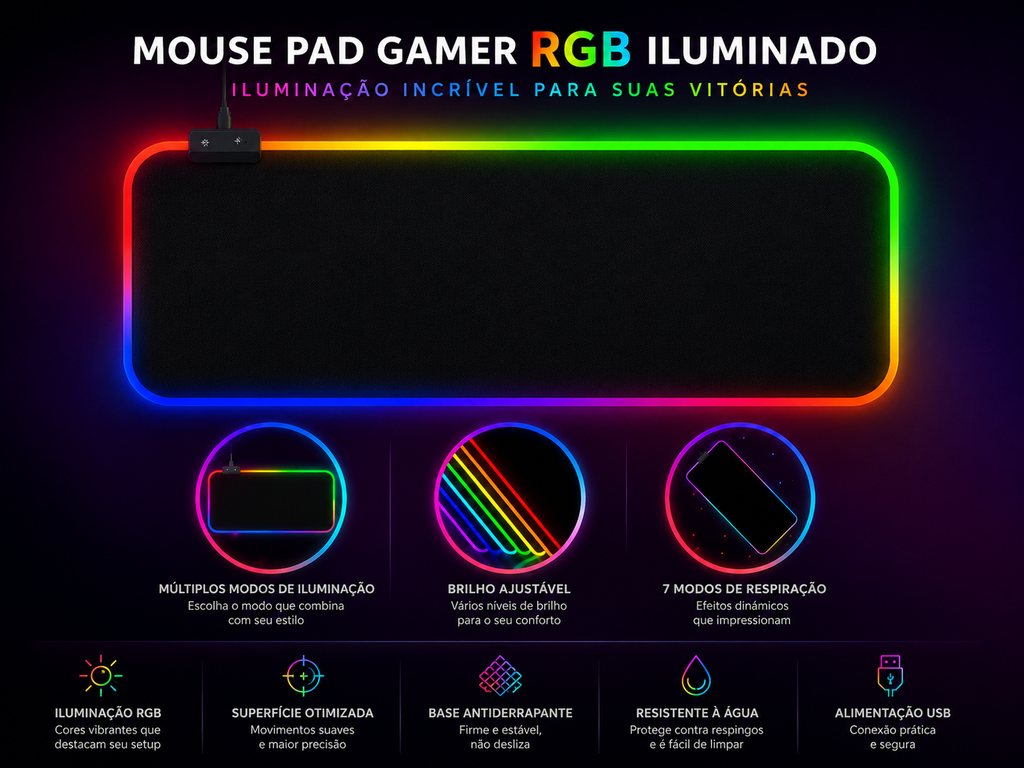 Mousepad Gamer RGB LED Grande para Setup e Escritório