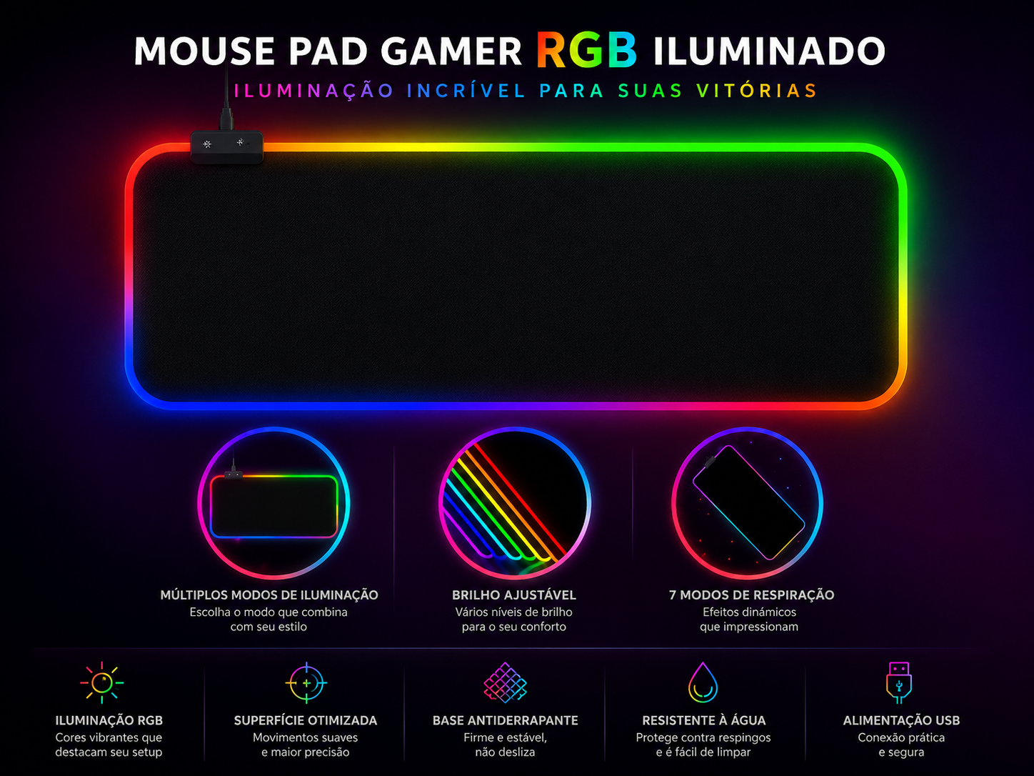 Mousepad Gamer RGB LED Grande para Setup e Escritório