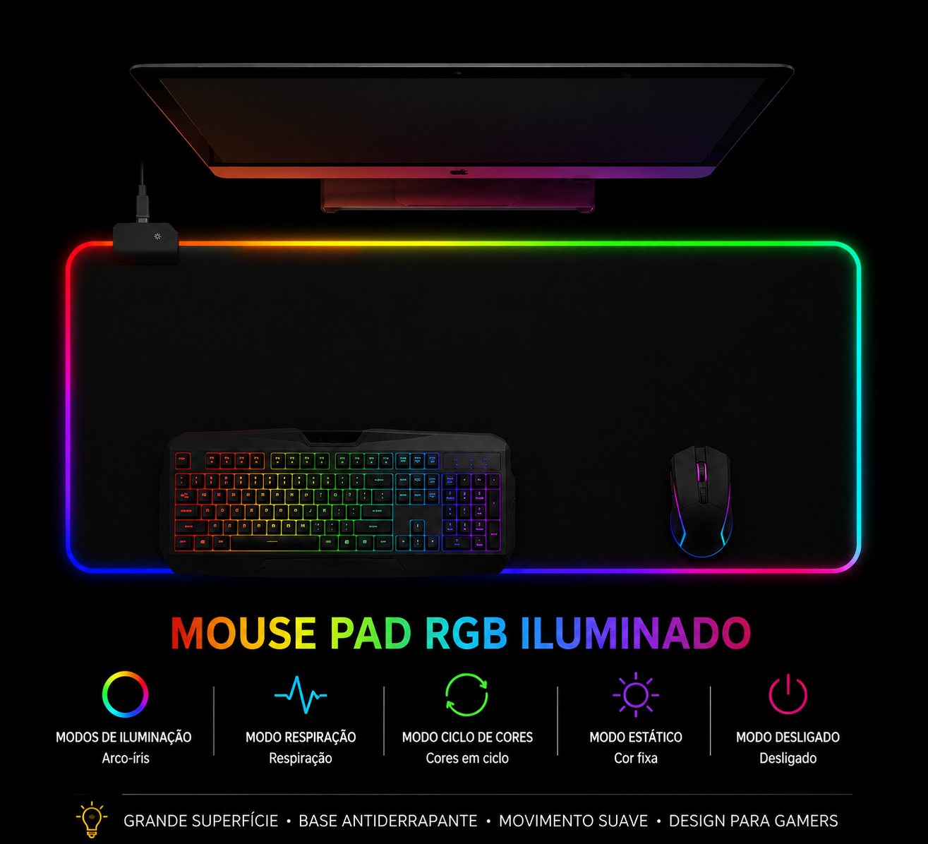 Mousepad Gamer RGB LED Grande para Setup e Escritório