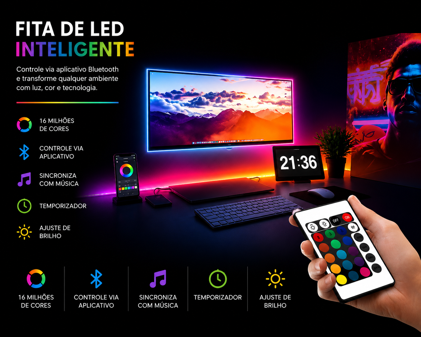 Fita LED RGB Bluetooth para TV e Setup Gamer