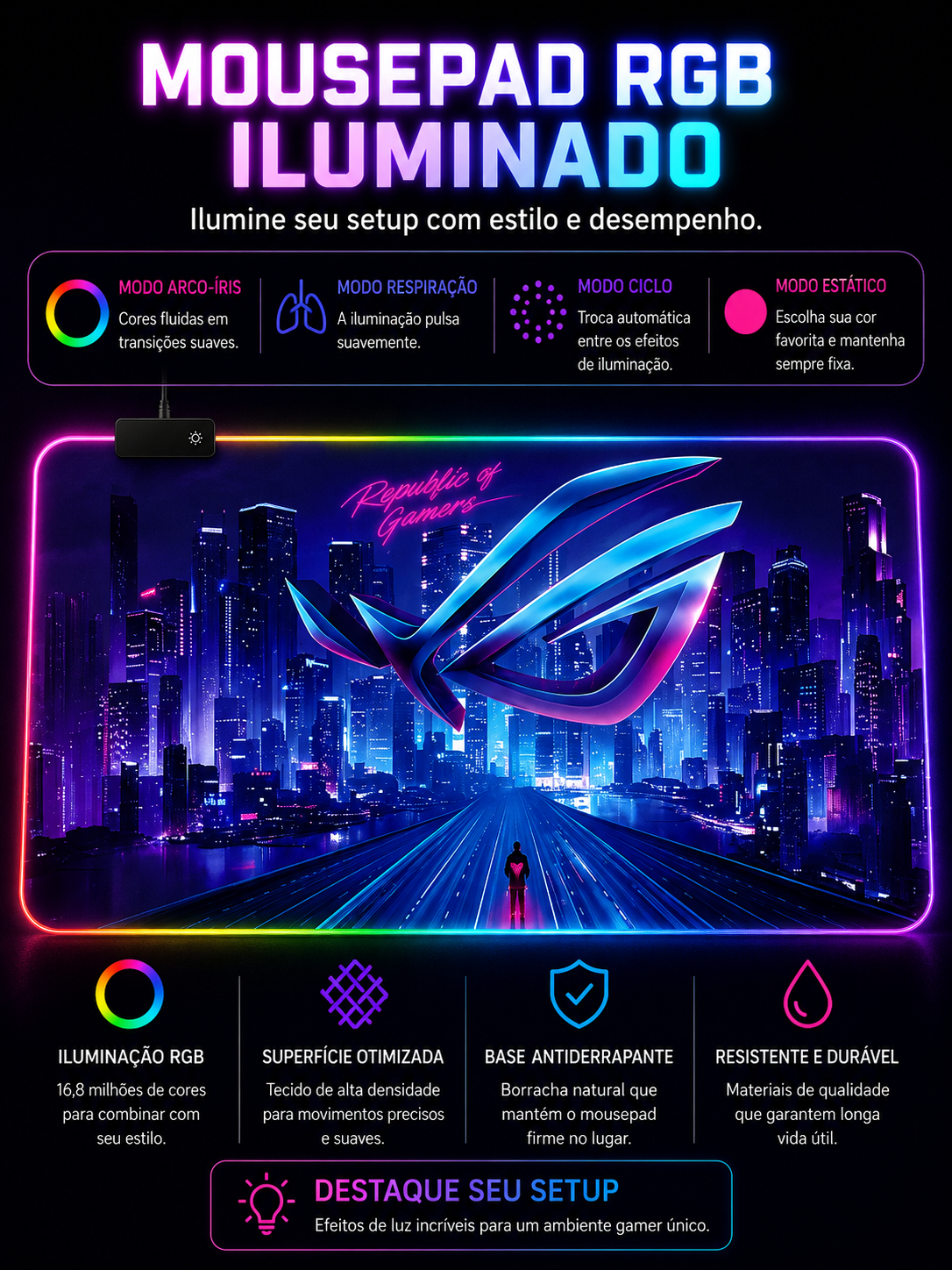 Mousepad Gamer RGB Extra Grande LED para Setup Premium