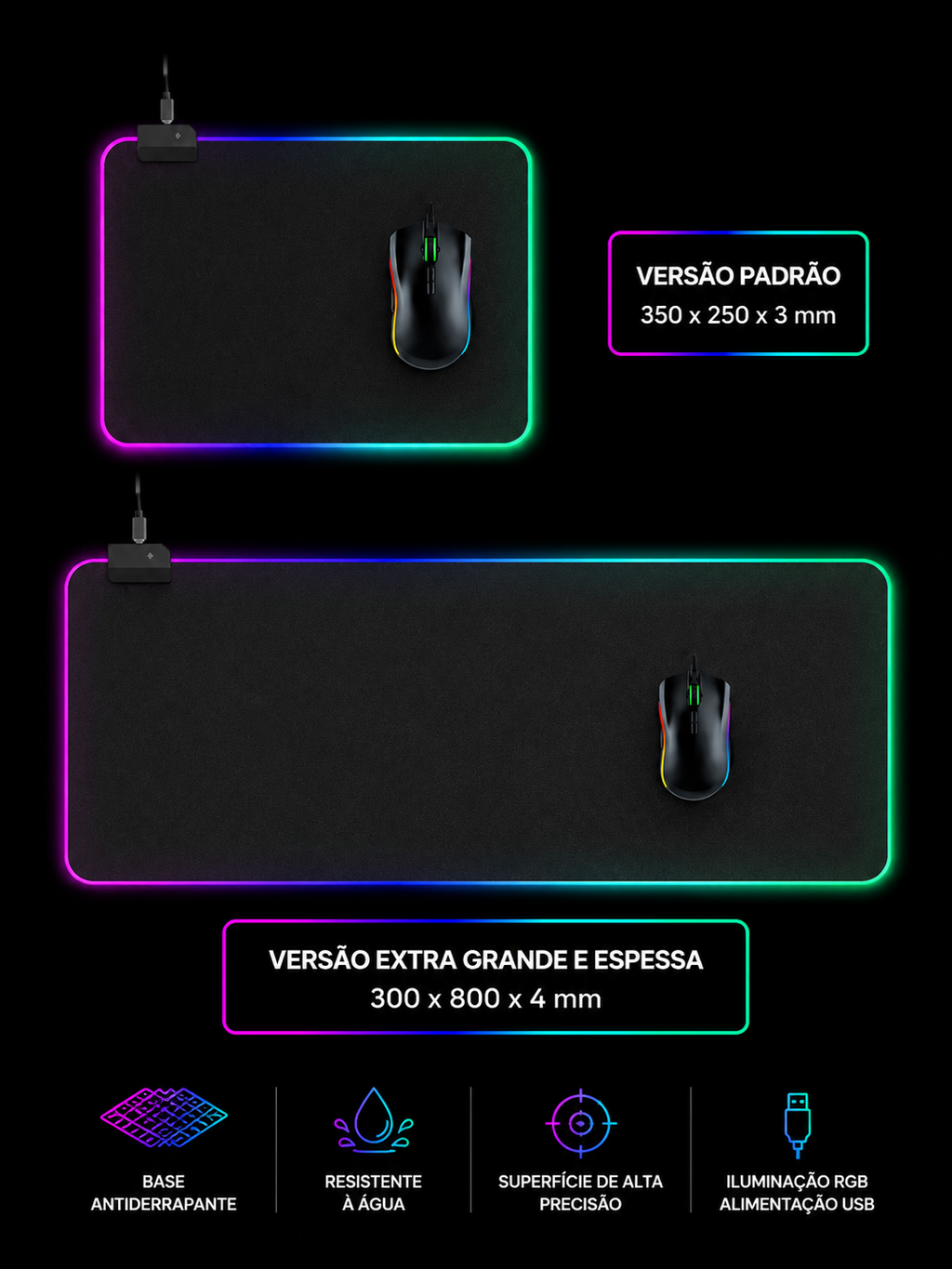 Mousepad Gamer RGB LED Extra Grande Antiderrapante para Setup