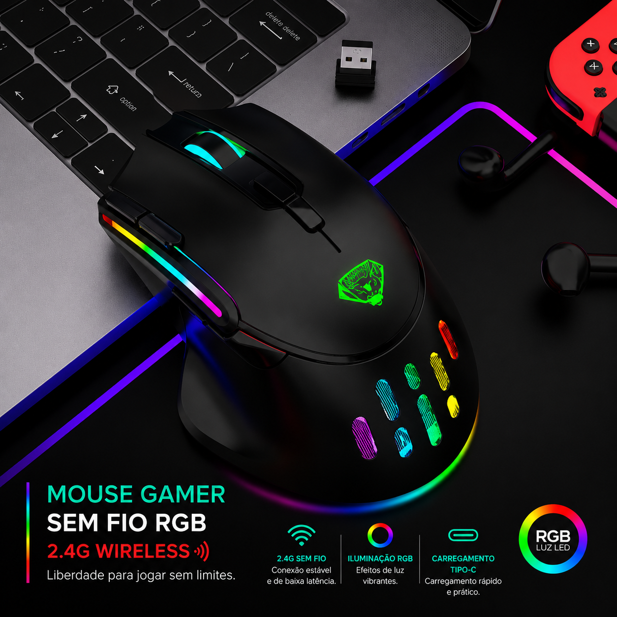 Mouse Gamer Sem Fio RGB Recarregável – Alta Performance 2.4G