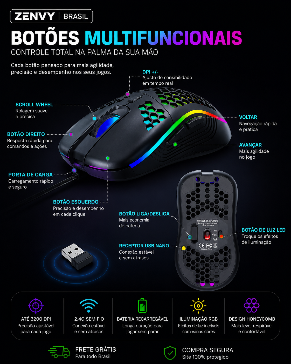 Mouse Gamer Sem Fio RGB – Ultra Leve e Alta Precisão