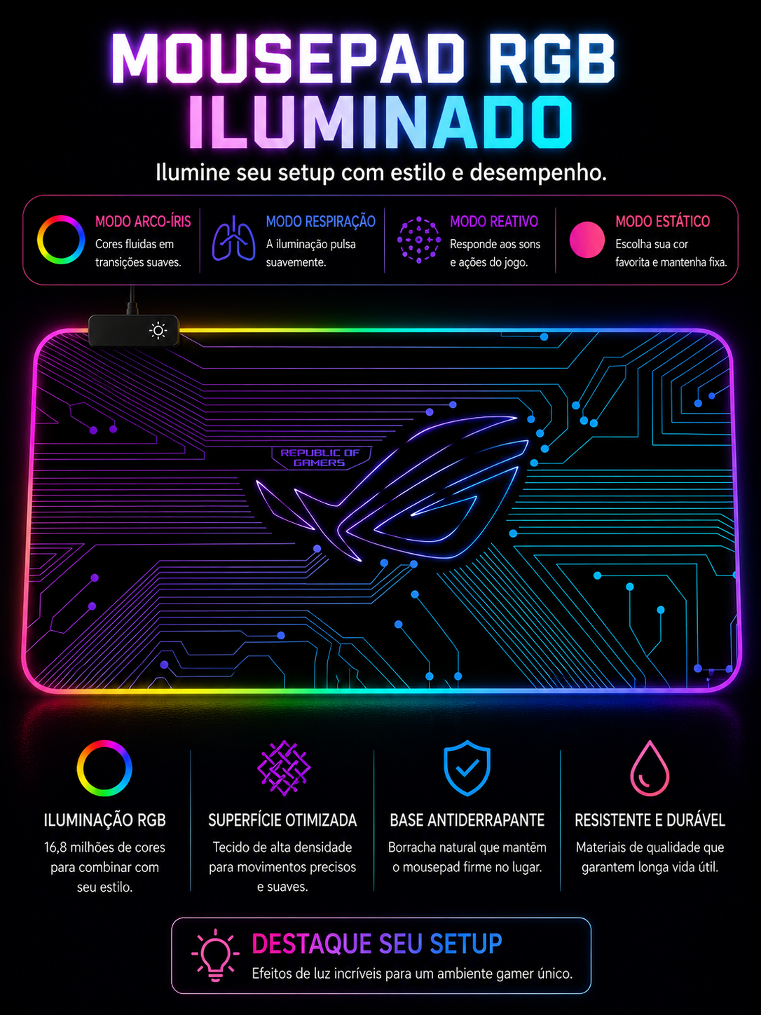 Mousepad Gamer RGB Extra Grande LED para Setup Premium