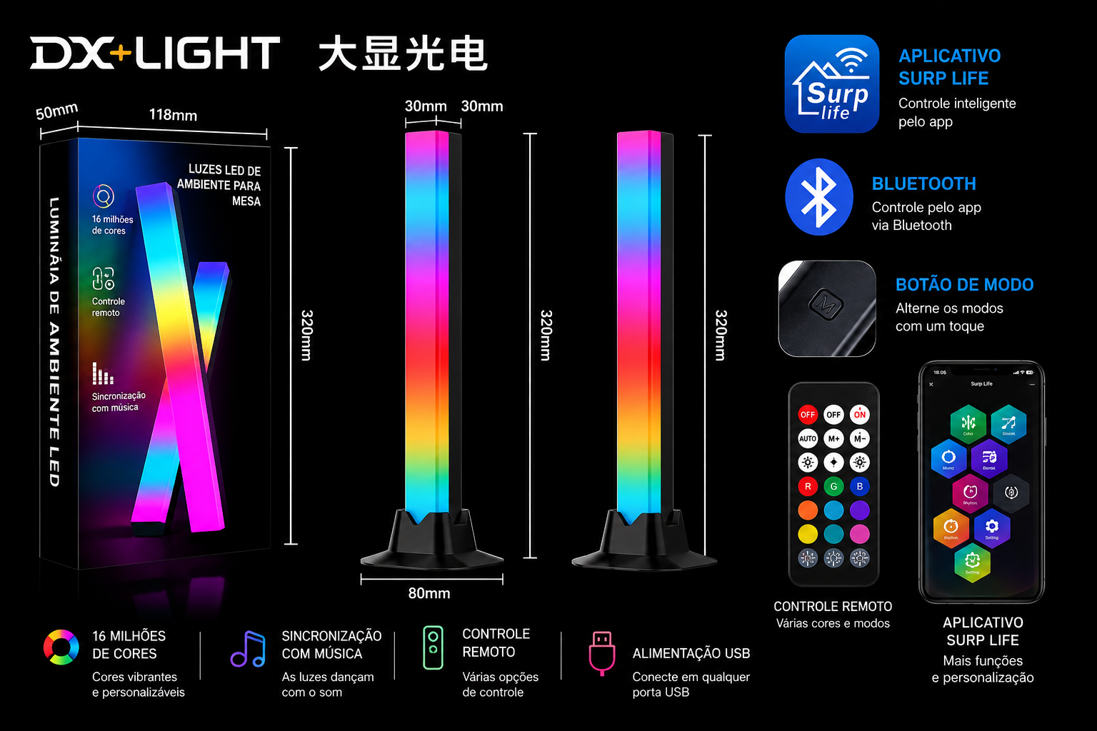 Kit 2 Barras LED RGB Rhythm Sync Bluetooth para Setup Gamer