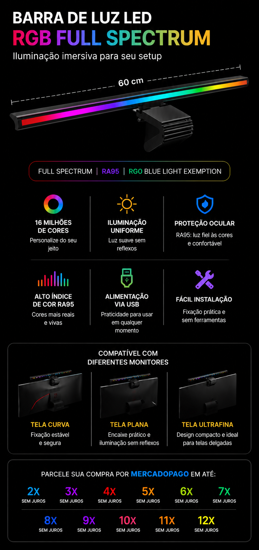 Barra de Luz LED para Monitor Gamer RGB – Iluminação Premium para Setup