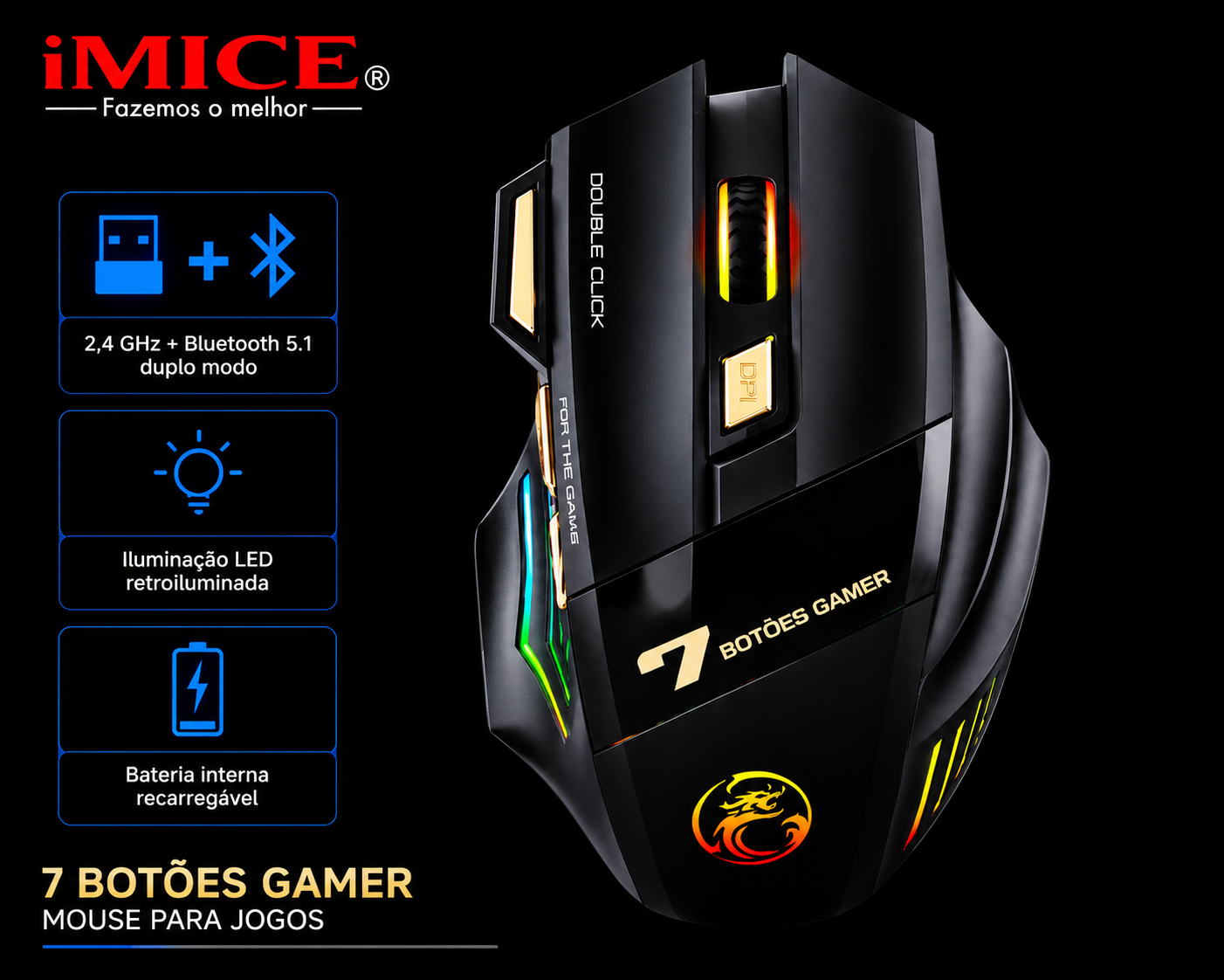 Mouse Gamer Sem Fio RGB Recarregável – Clique Silencioso 2.4G