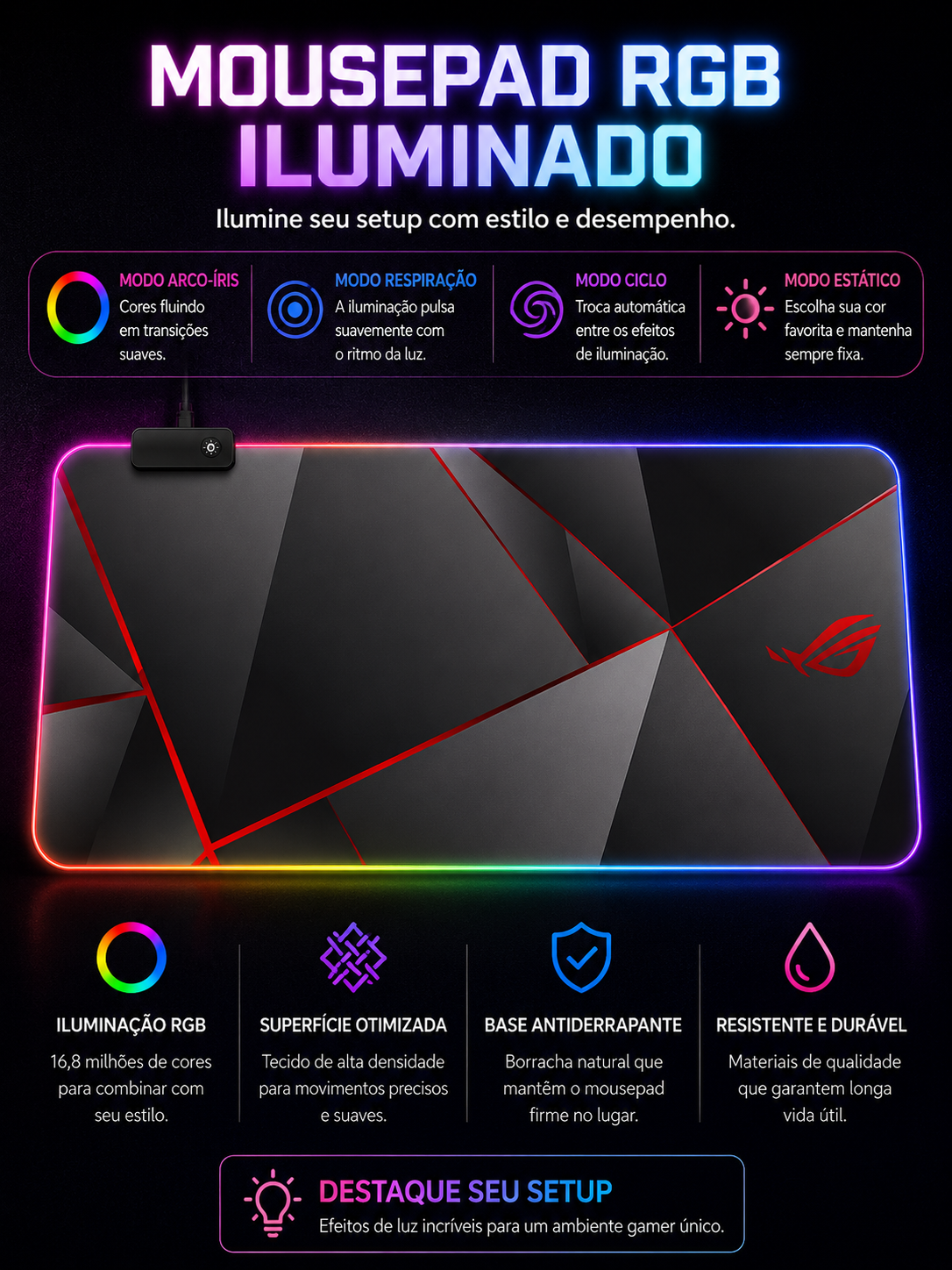 Mousepad Gamer RGB Extra Grande LED para Setup Premium