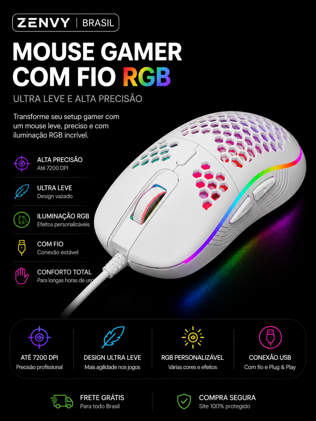 Mouse Gamer Sem Fio RGB – Ultra Leve e Alta Precisão