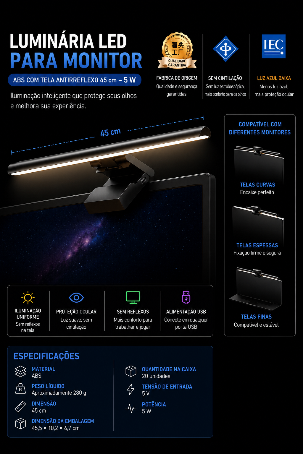 Barra de Luz LED para Monitor Gamer RGB – Iluminação Premium para Setup