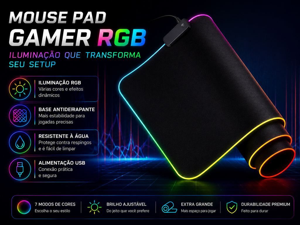 Mousepad Gamer RGB LED Grande para Setup e Escritório