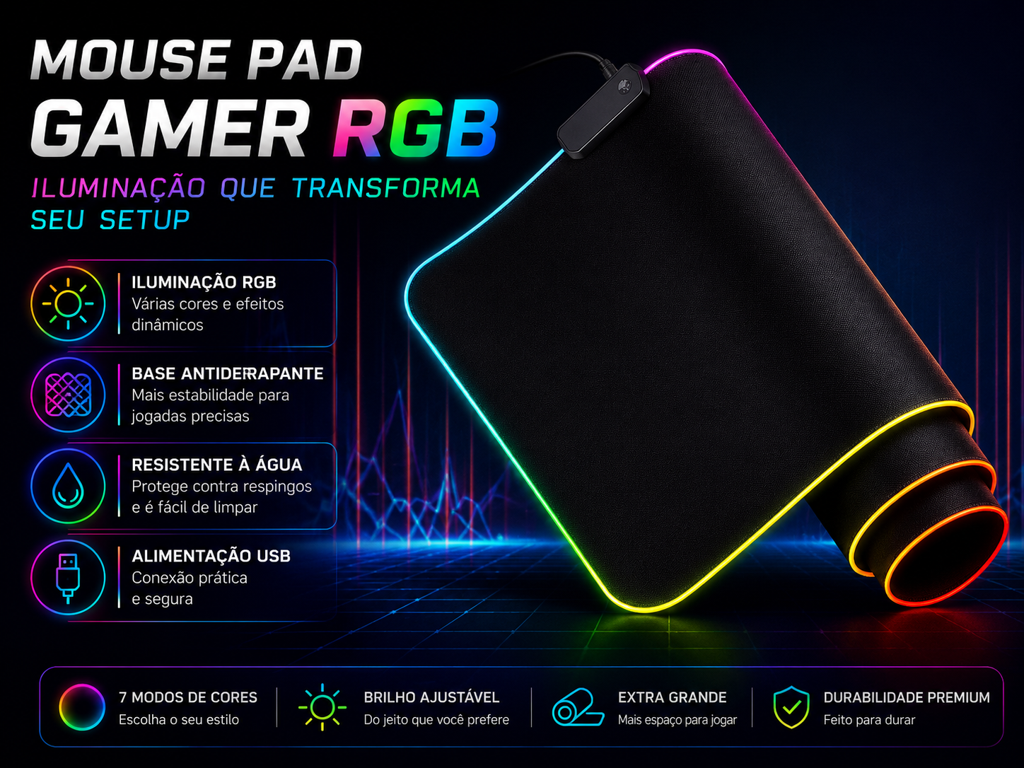 Mousepad Gamer RGB LED Grande para Setup e Escritório