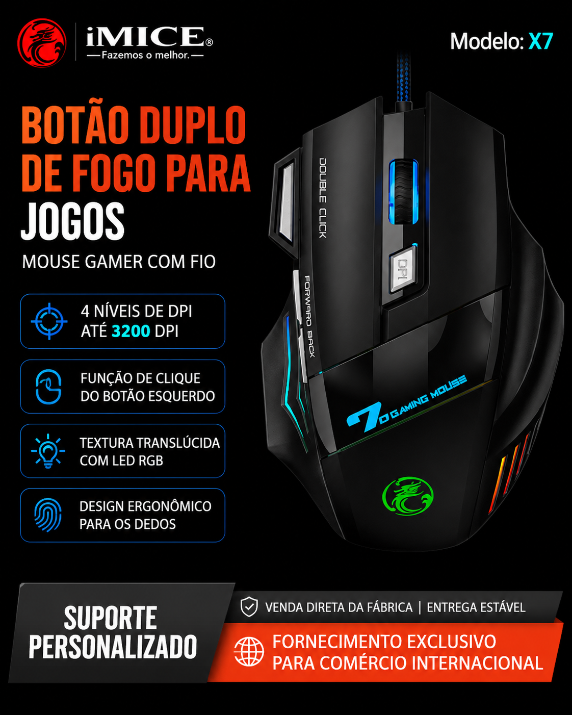 Mouse Gamer Sem Fio RGB Recarregável – Clique Silencioso 2.4G