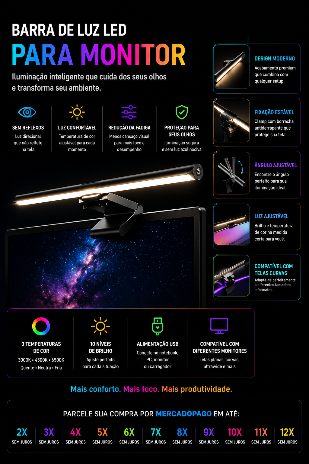 Barra de Luz LED para Monitor Gamer RGB – Iluminação Premium para Setup