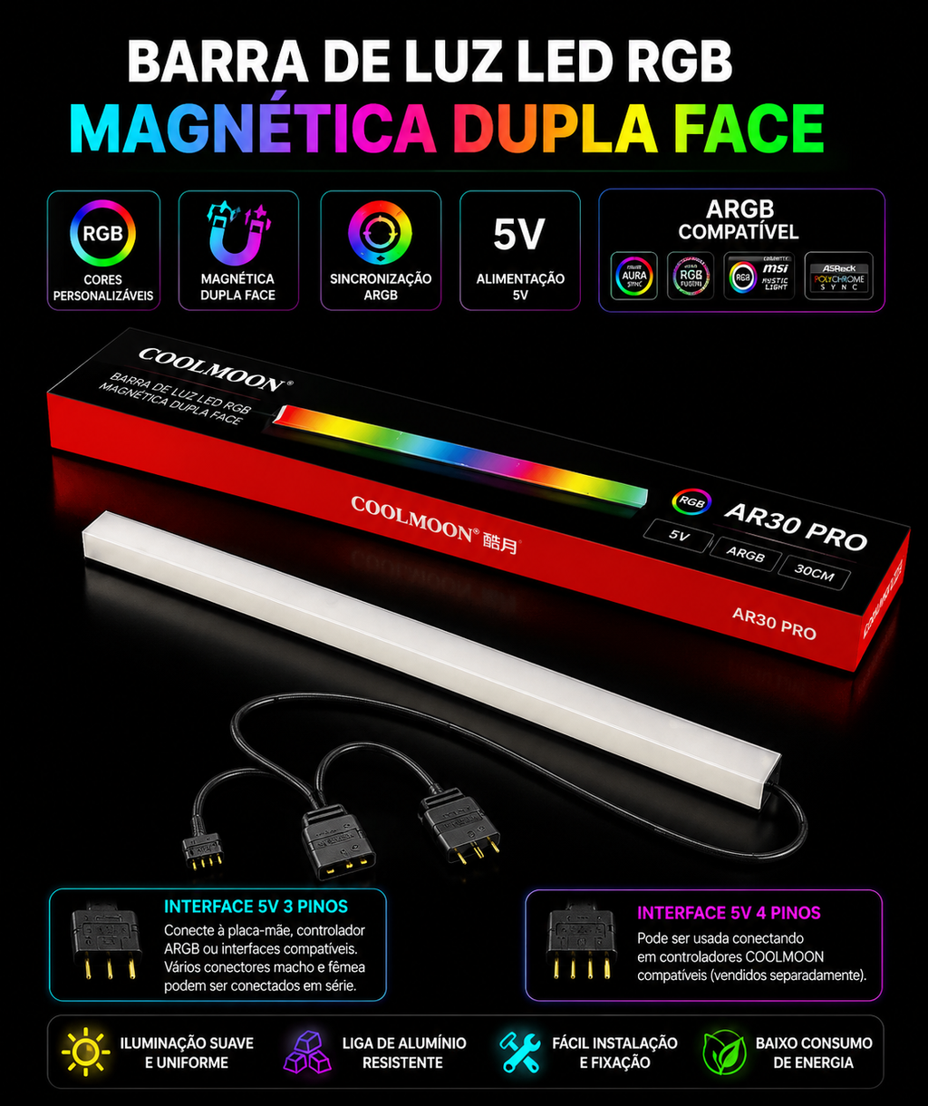 Barra de Luz RGB Magnética para Setup Gamer