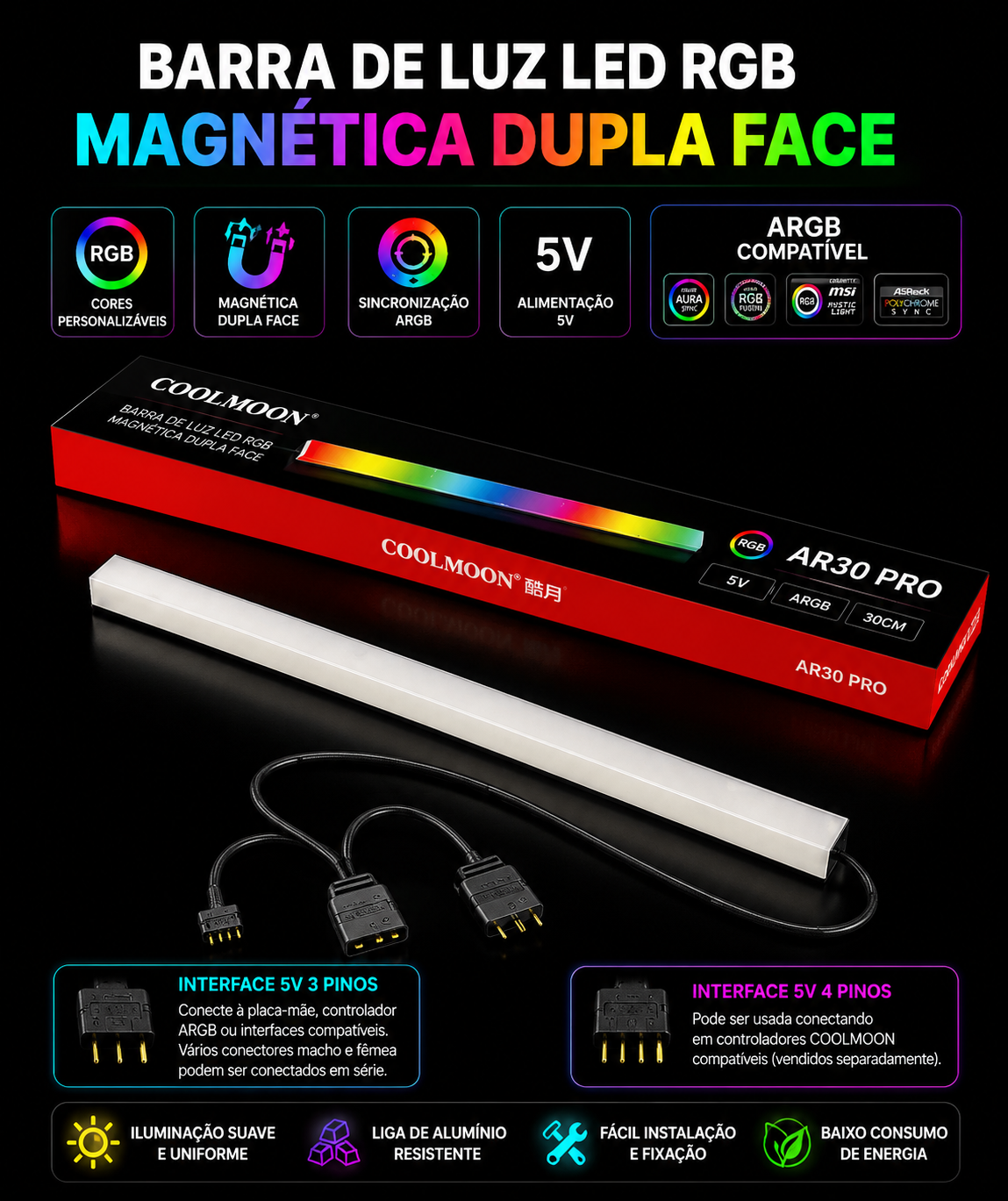 Barra de Luz RGB Magnética para Setup Gamer
