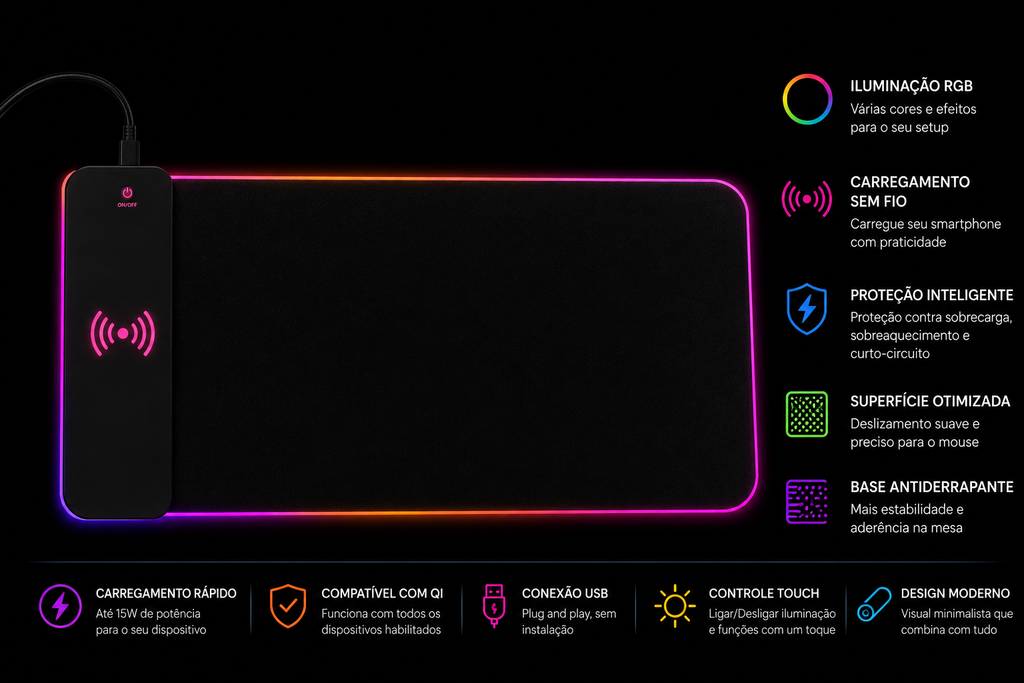 Mousepad Gamer RGB com Carregamento Sem Fio – Extra Grande