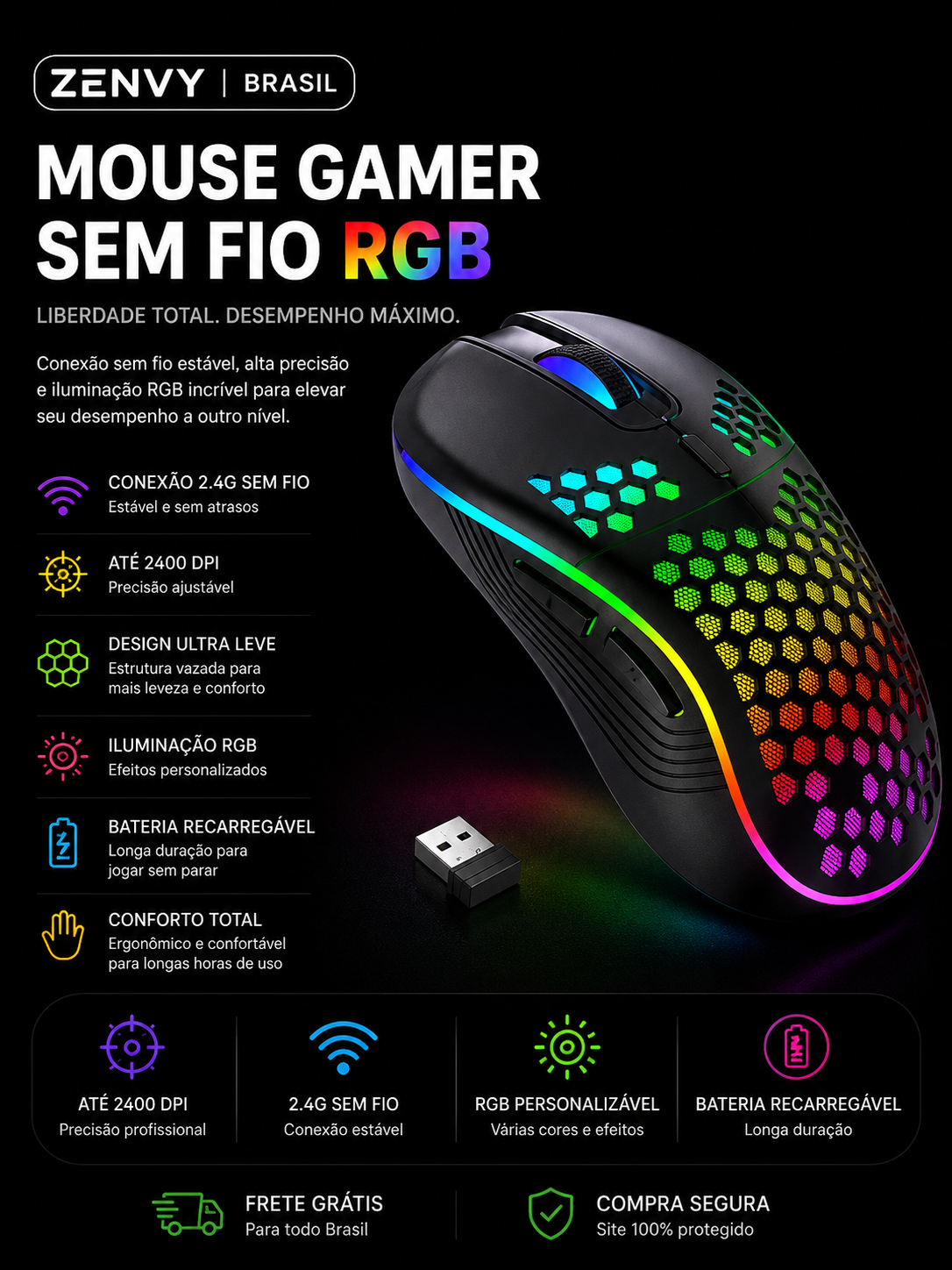 Mouse Gamer Sem Fio RGB – Ultra Leve e Alta Precisão