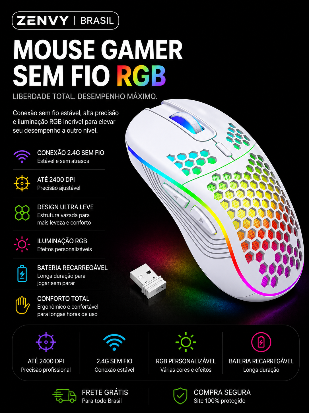 Mouse Gamer Sem Fio RGB – Ultra Leve e Alta Precisão