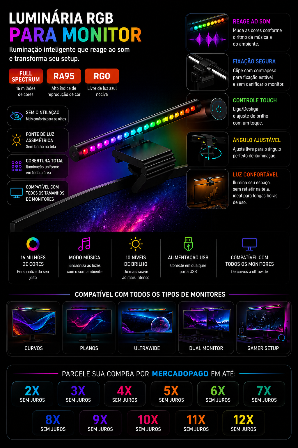 Barra de Luz LED para Monitor Gamer RGB – Iluminação Premium para Setup