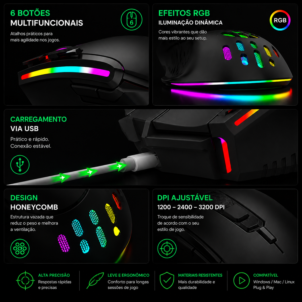 Mouse Gamer Sem Fio RGB Recarregável – Alta Performance 2.4G