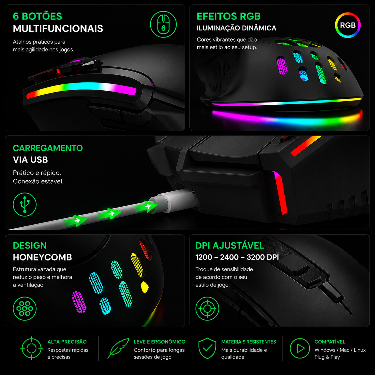 Mouse Gamer Sem Fio RGB Recarregável – Alta Performance 2.4G