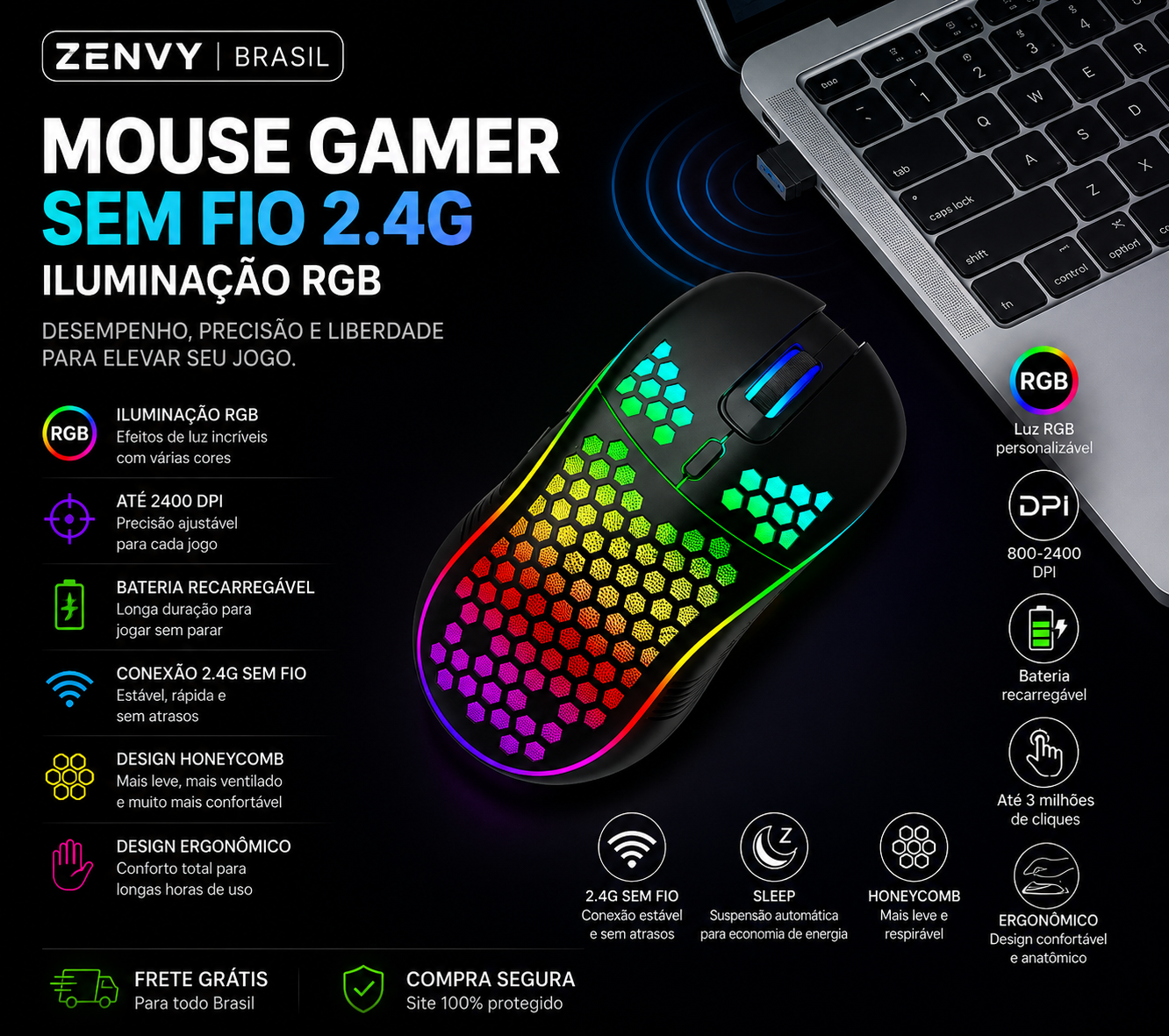 Mouse Gamer Sem Fio RGB – Ultra Leve e Alta Precisão