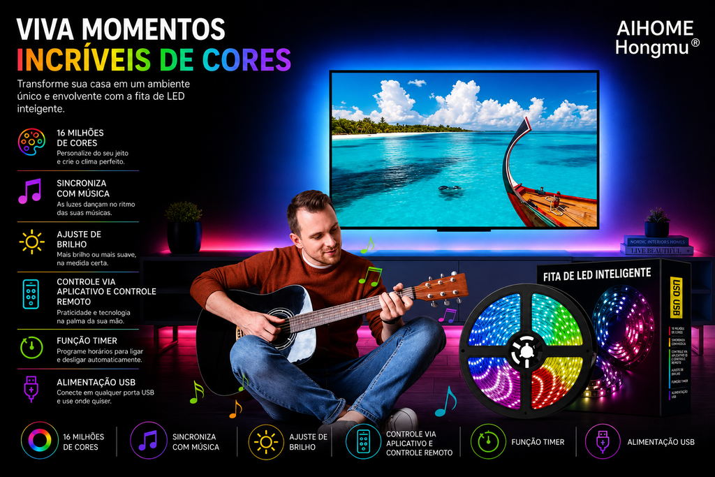 Fita LED RGB Bluetooth para TV e Setup Gamer