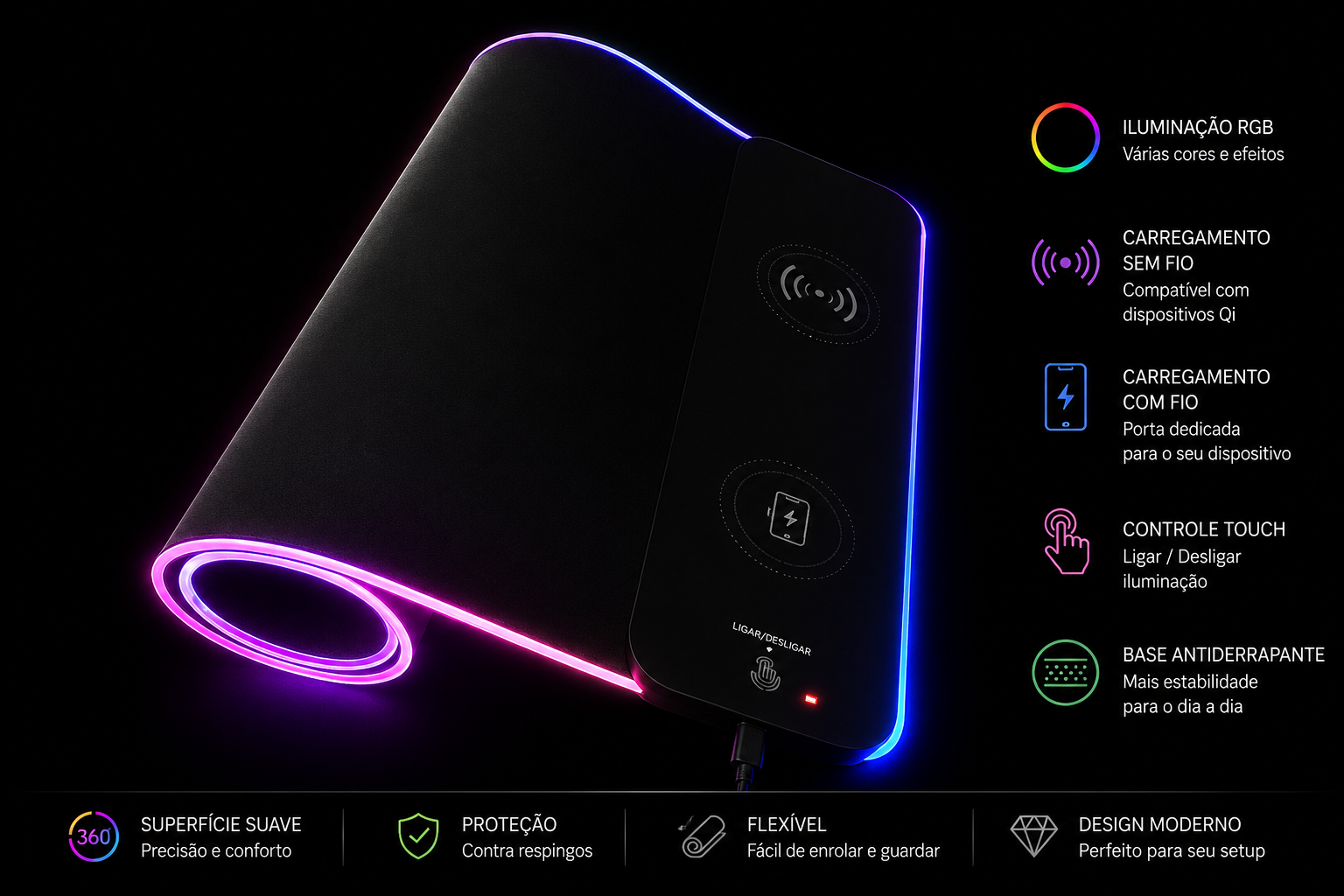 Mousepad Gamer RGB com Carregamento Sem Fio – Extra Grande